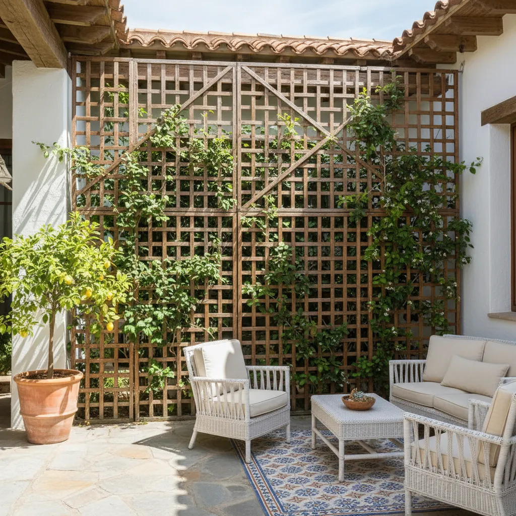 Celosía de madera combinada con plantas trepadoras en patio