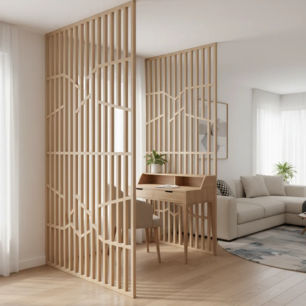 Celosía decorativa separando un espacio de trabajo en casa