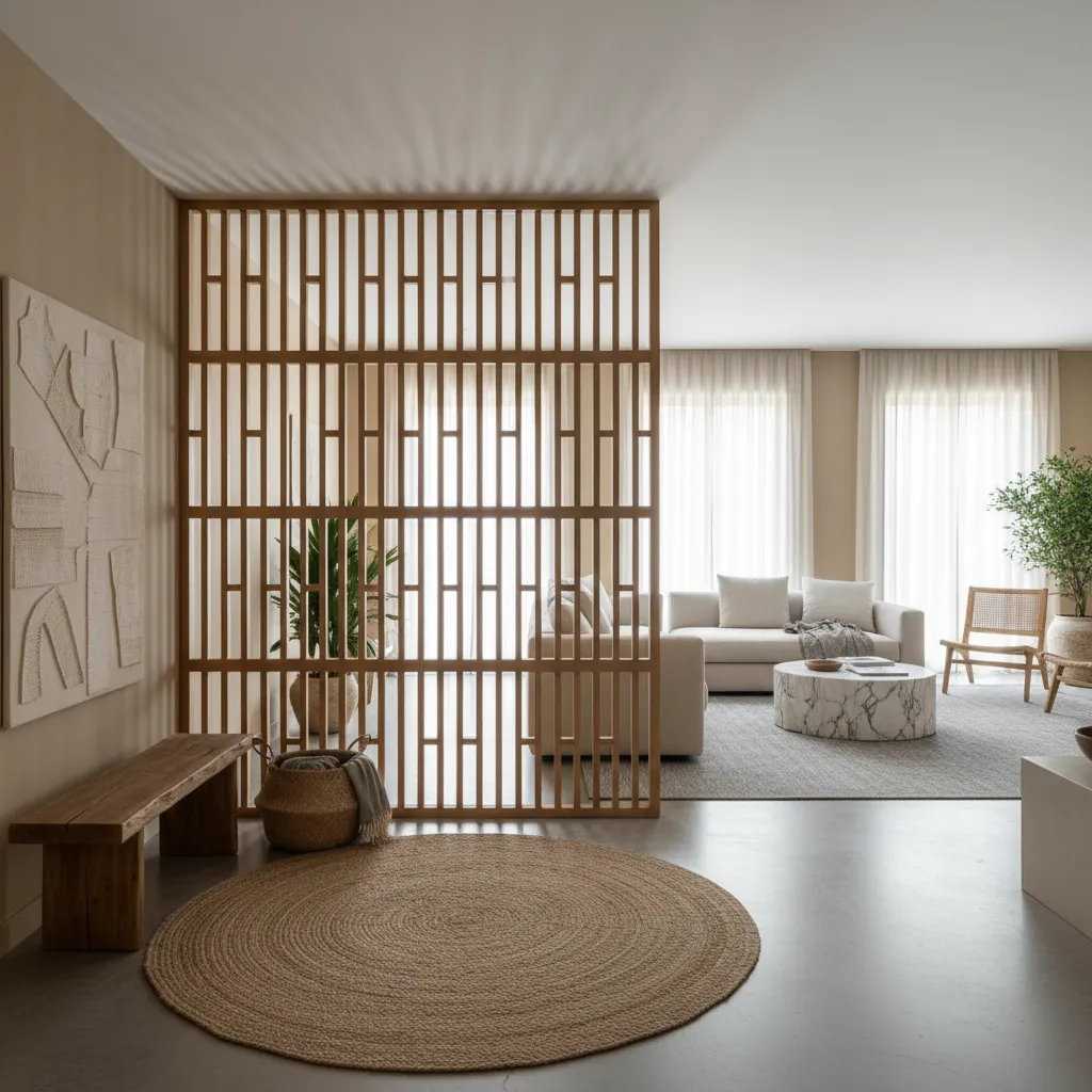 Wooden room divider separating living area with white sofa marble coffee table and large windows