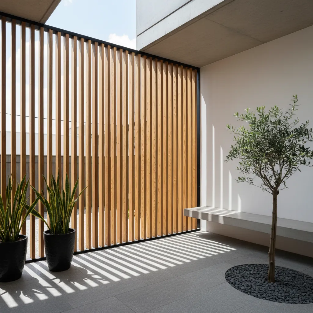 Celosía de listones verticales de madera en patio interior