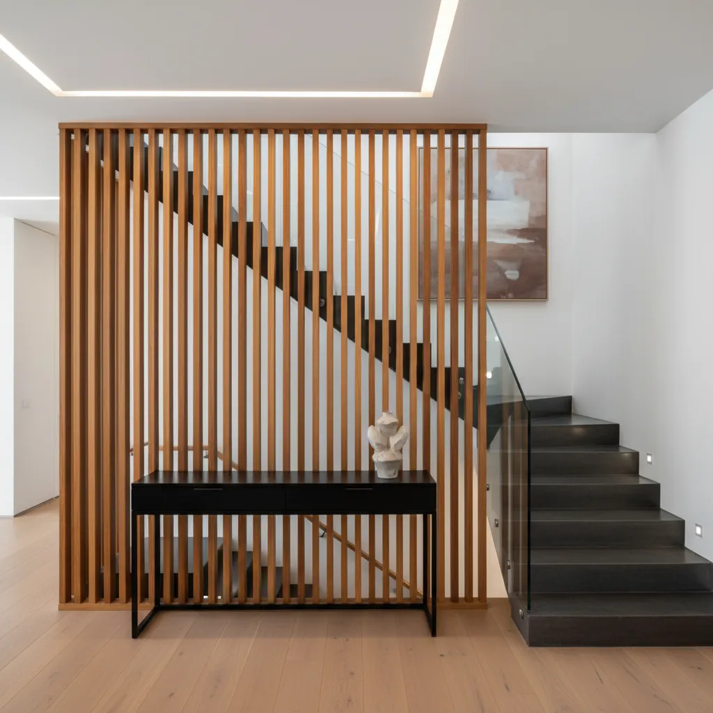 Celosía de madera cubriendo parcialmente una escalera interior