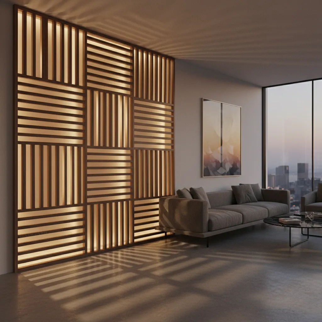Celosía de madera con iluminación LED indirecta