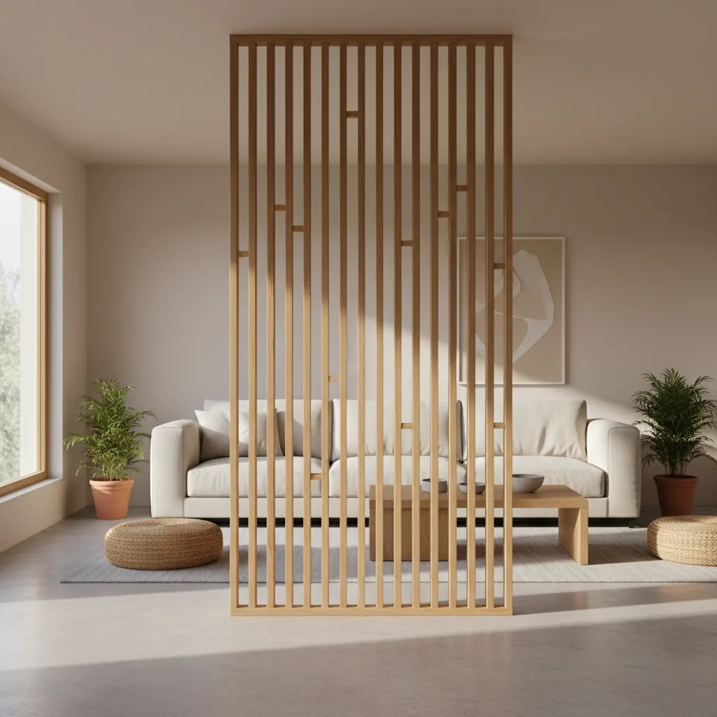 Panel de celosía de madera separando dos zonas del salón