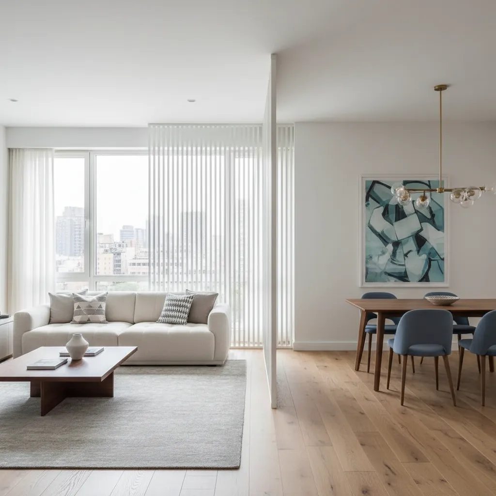 Modern living room and dining area separated by a white thin wood wall room divider