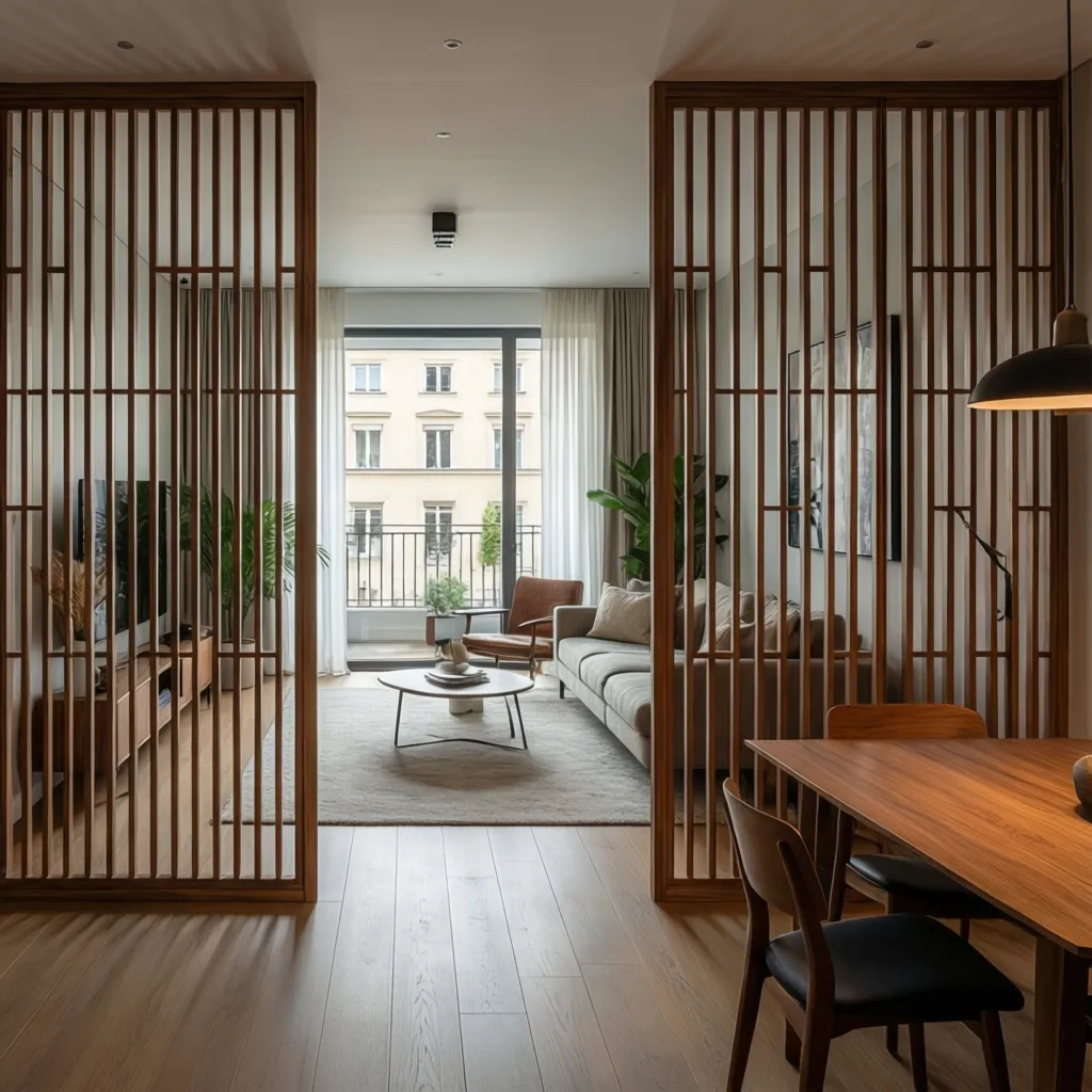 Living room with balcony viewed through wooden slat dividers near a dark wooden dining table