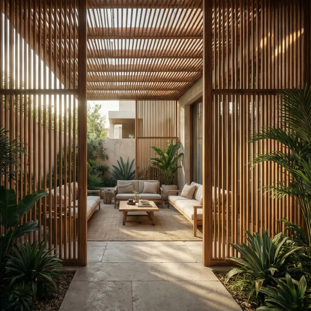 Diseños de celosías de madera en patios interiores