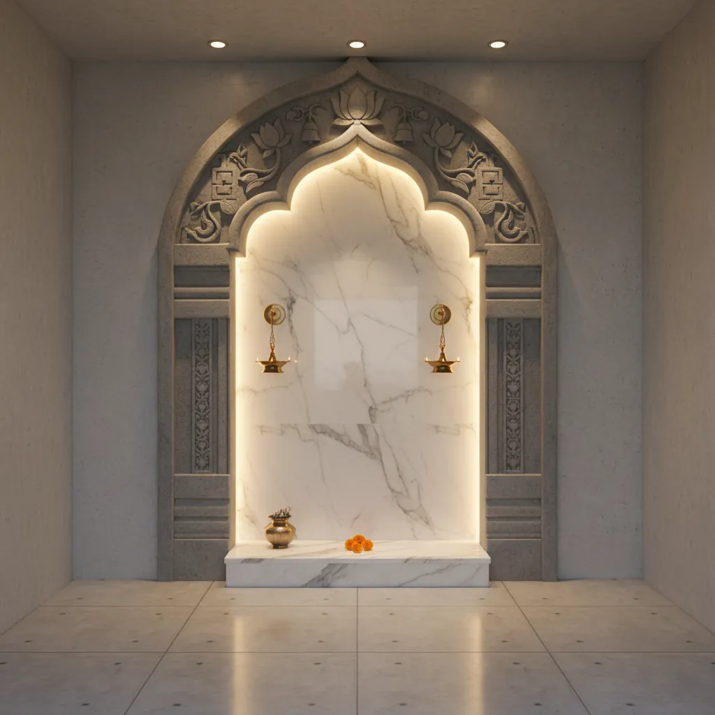 cement arch temple style pooja room with carved arch frame