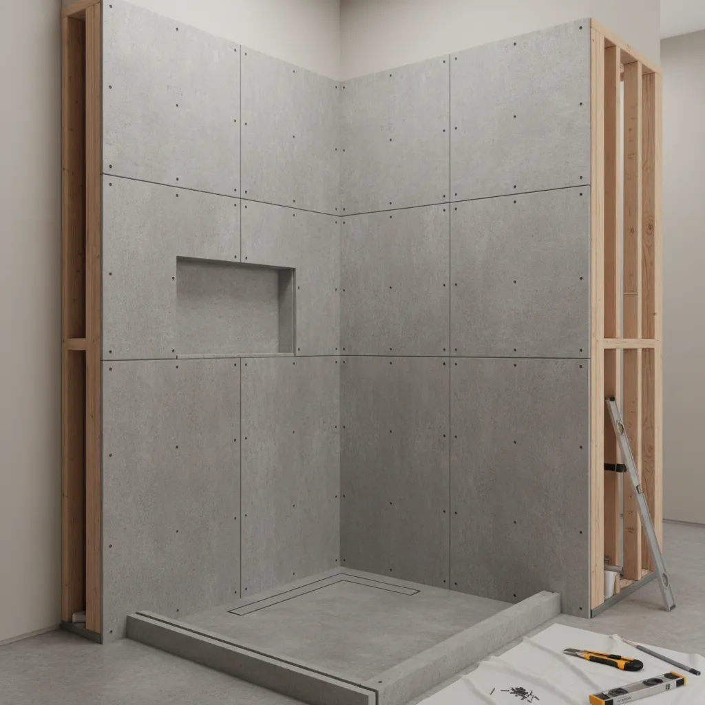Cement board installed on shower wall framing ready for tile installation
