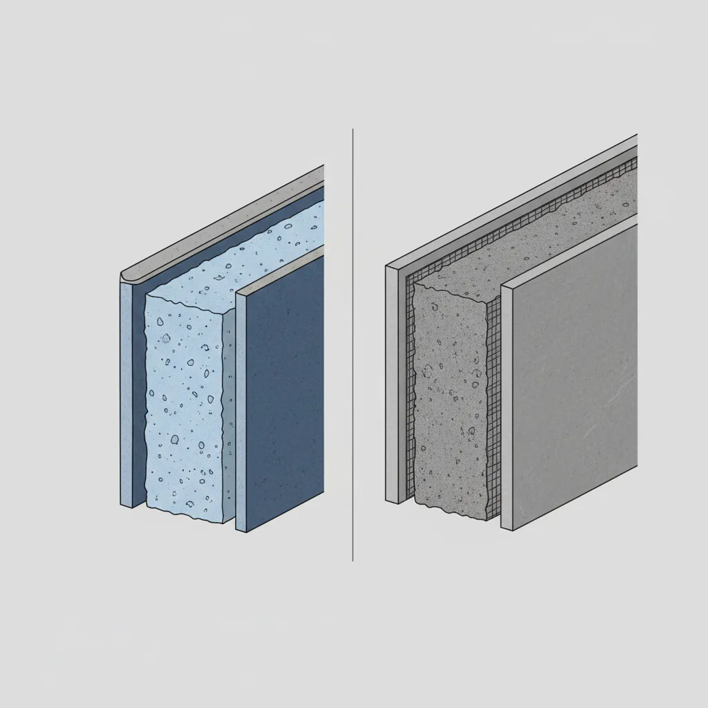 Cutaway comparison diagram showing structure of cement board and waterproof gypsum board