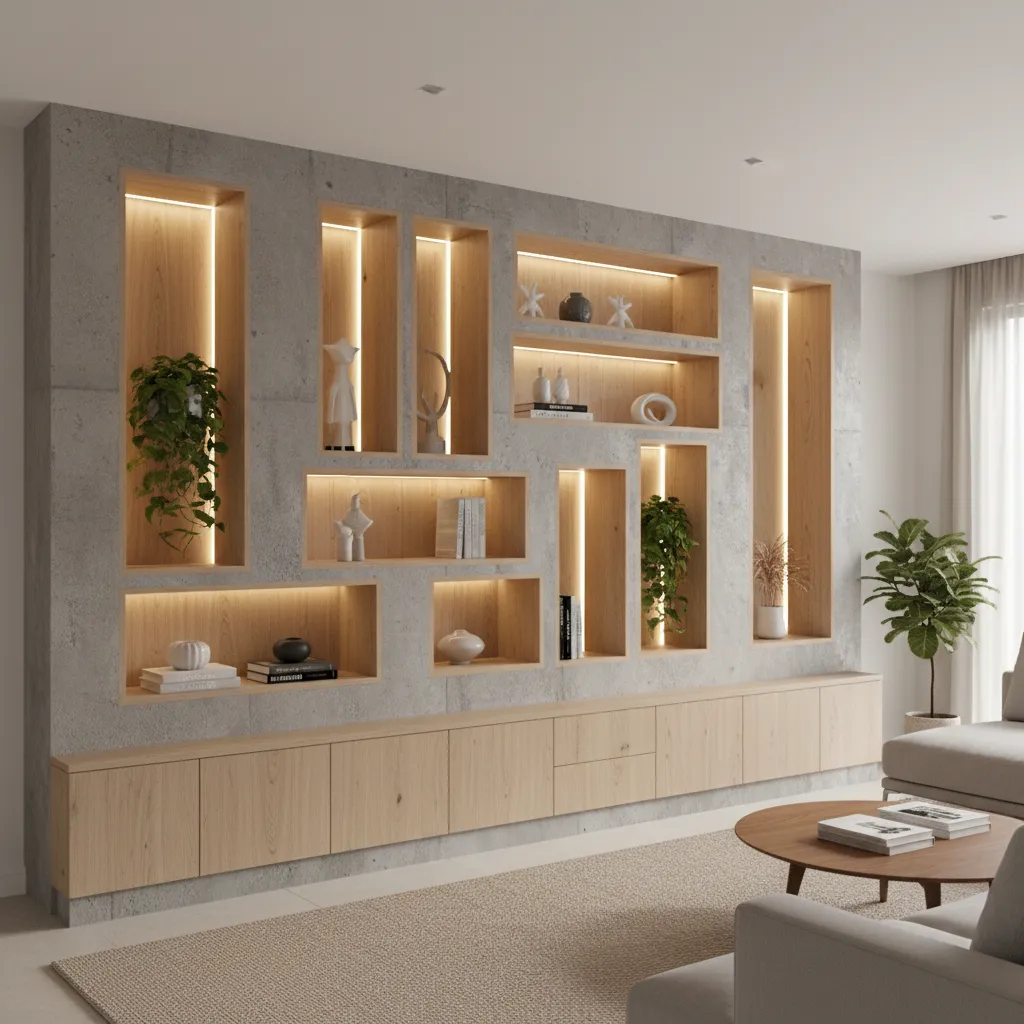 cement cupboard with decorative display niches and warm lighting in living room