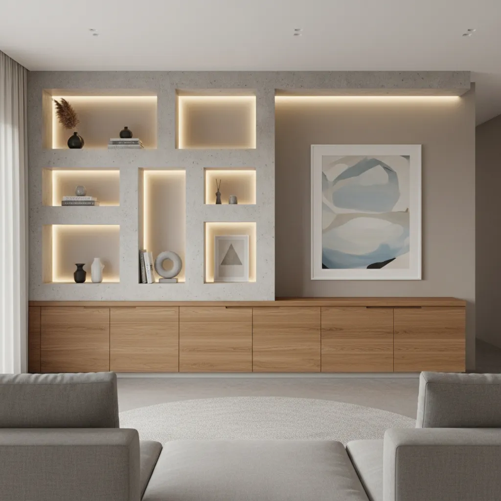 Cement cupboard with open niches and wooden cabinet shutters