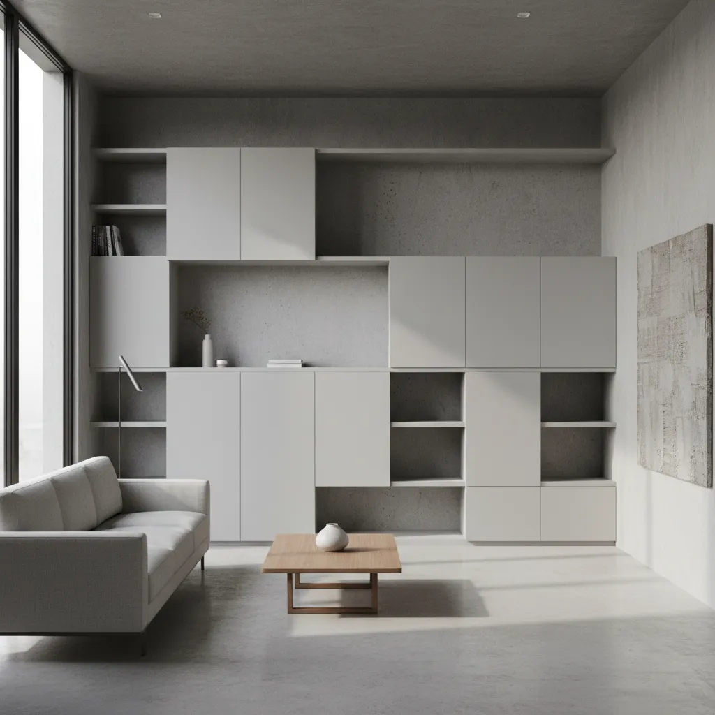 living hall with built in cement cupboard storage integrated into wall