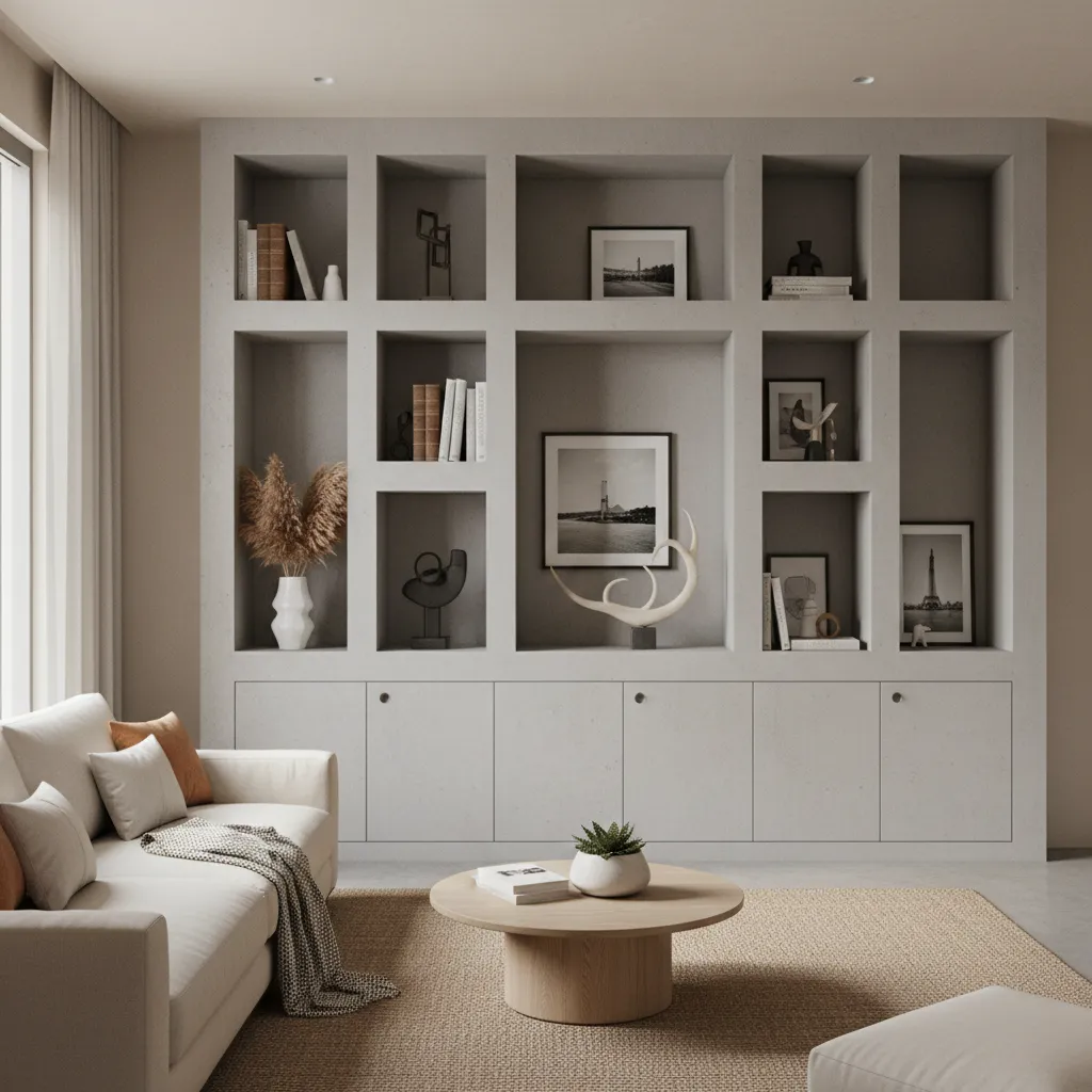 Living room wall with built in cement cupboard and decorative shelves