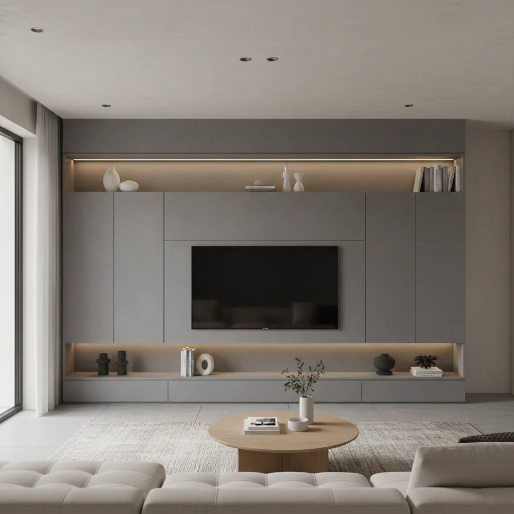 cement cupboard TV wall with storage cabinets in living hall