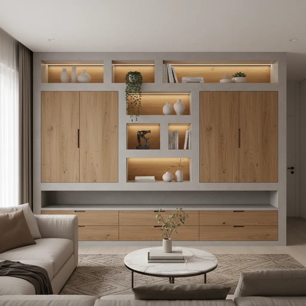 cement cupboard with wooden shutters and display niches in living hall