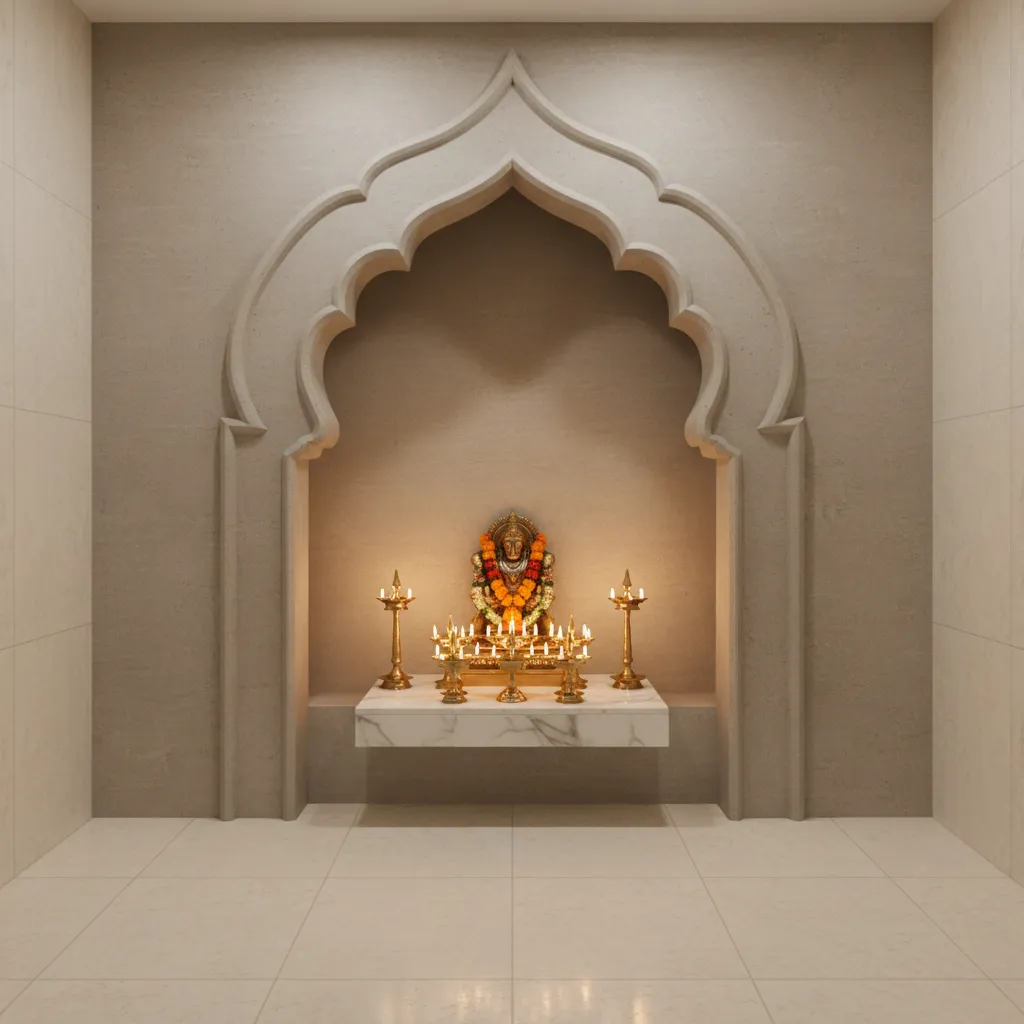 cement arch frame pooja room niche with warm lighting and idol