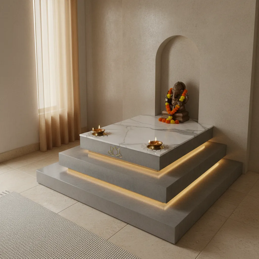 raised cement platform pooja room with marble top and diya space