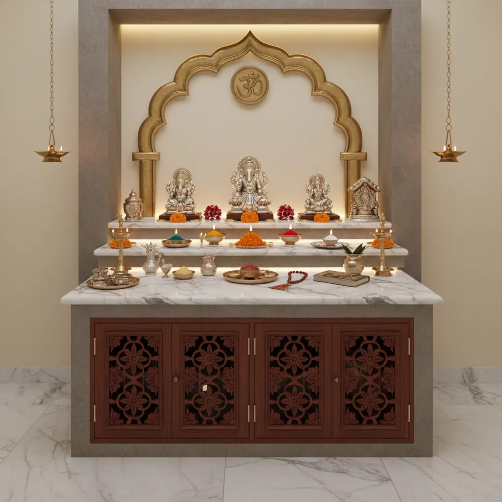 cement pooja room with built in storage base cabinet