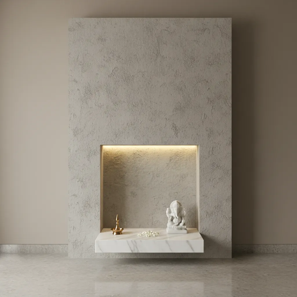 cement wall niche pooja room with idol platform and warm lighting