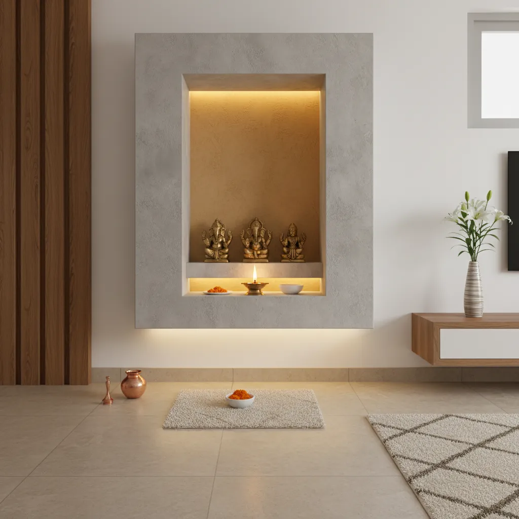 cement wall niche pooja room design with idols and warm lighting