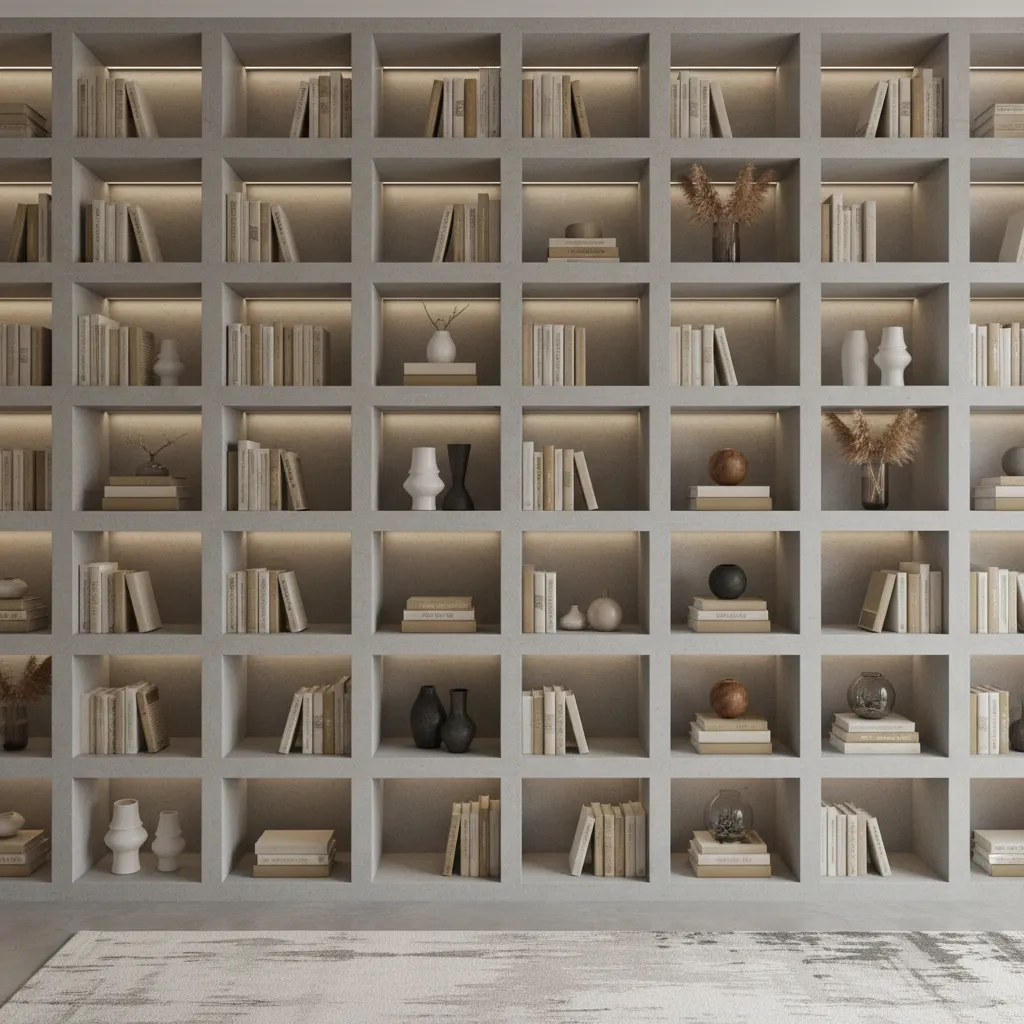 Grid layout cement shelf showcase wall design in a modern hall