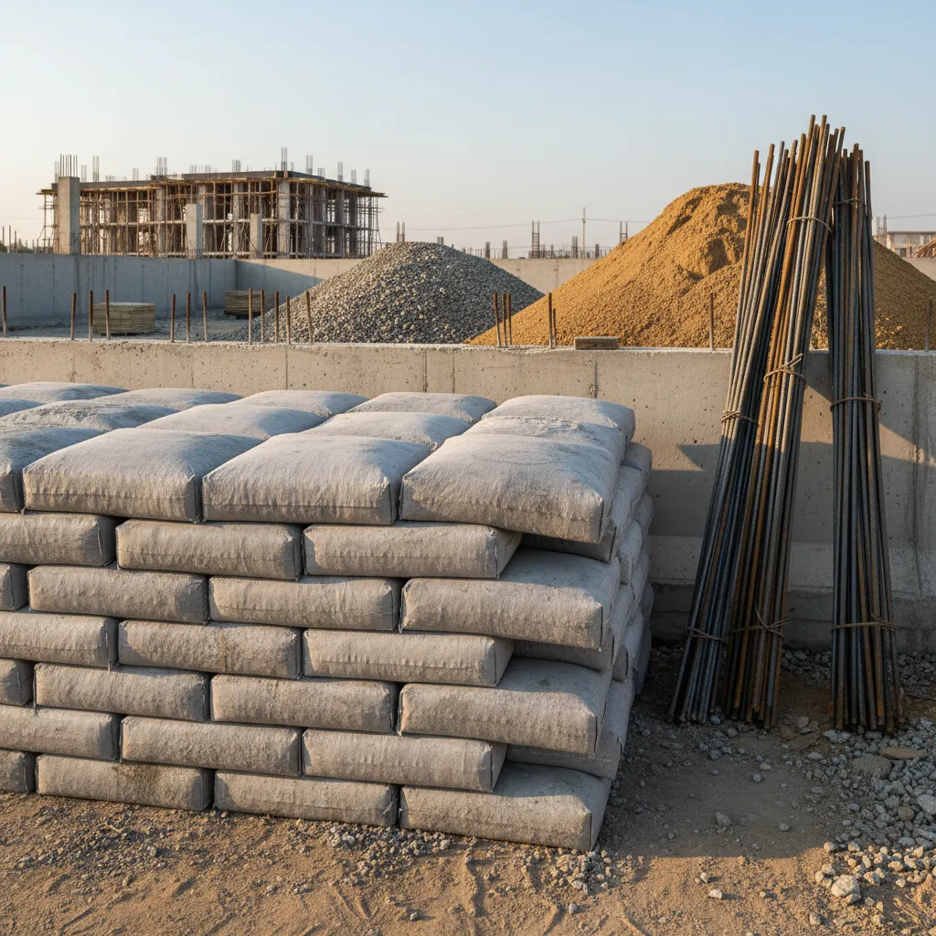 cement bags steel rebars and sand piles at construction site representing high risk materials