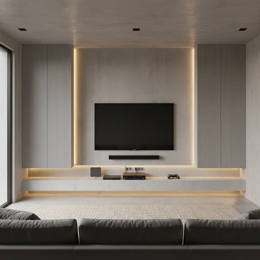 Cement cupboard TV unit integrated into living room wall