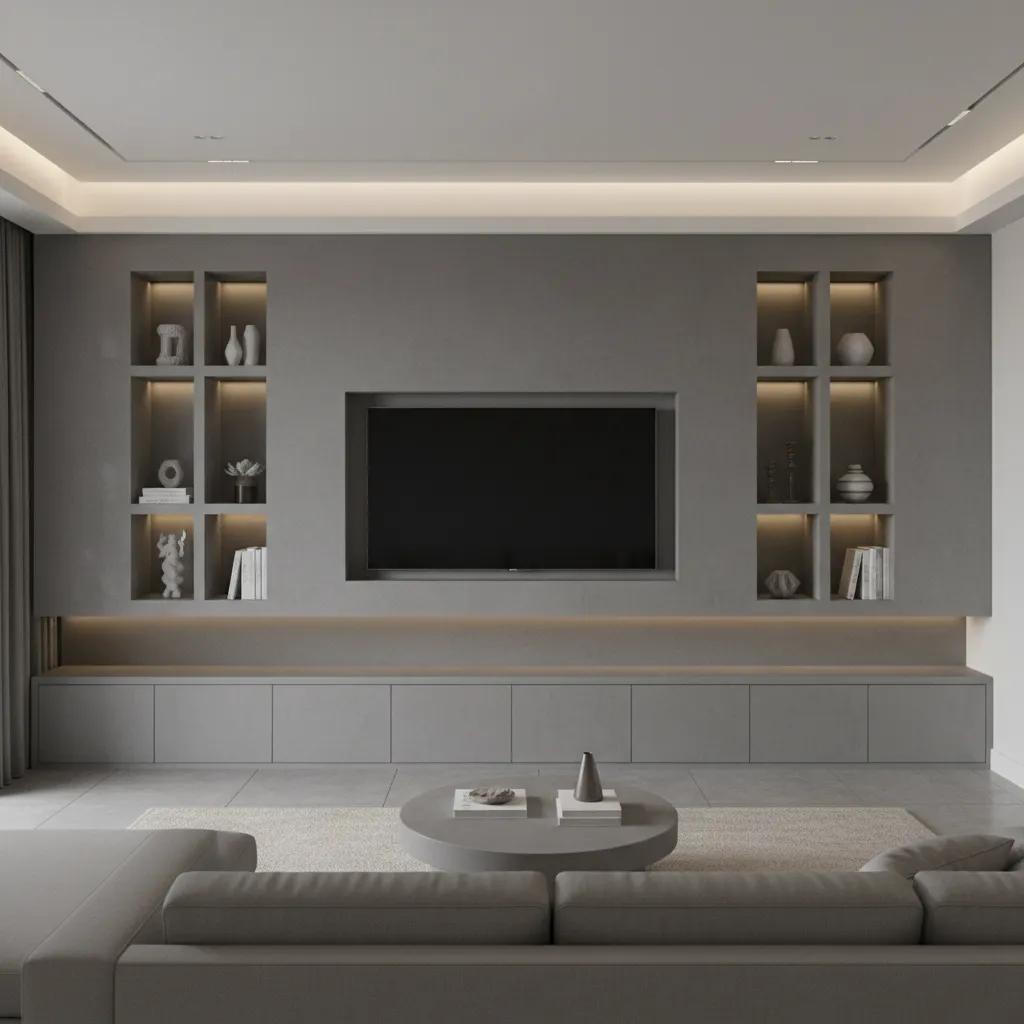 cement cupboard tv wall with shelves and cabinets in modern hall