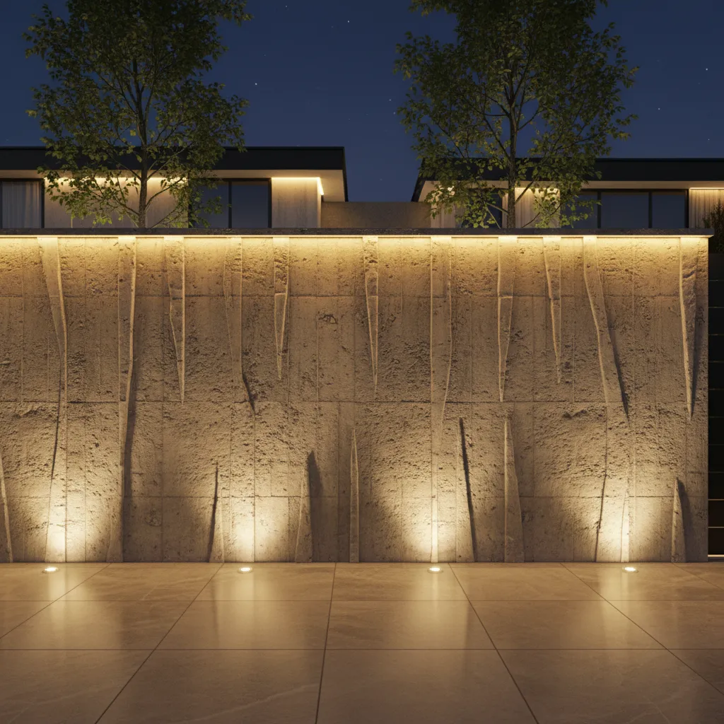 Modern cement wall with exterior grazing lights highlighting texture at night
