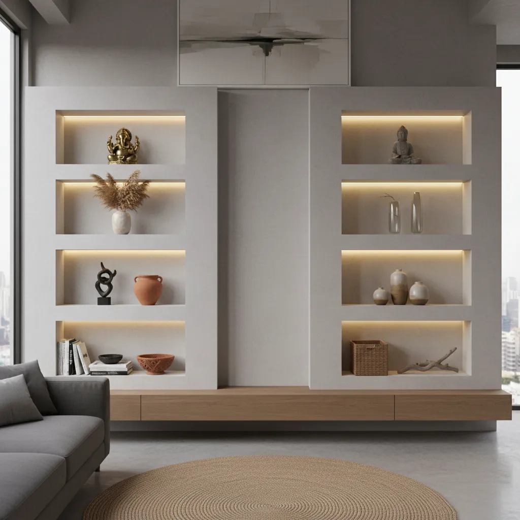 Indian living room wall with recessed cement niche shelves used as a showcase