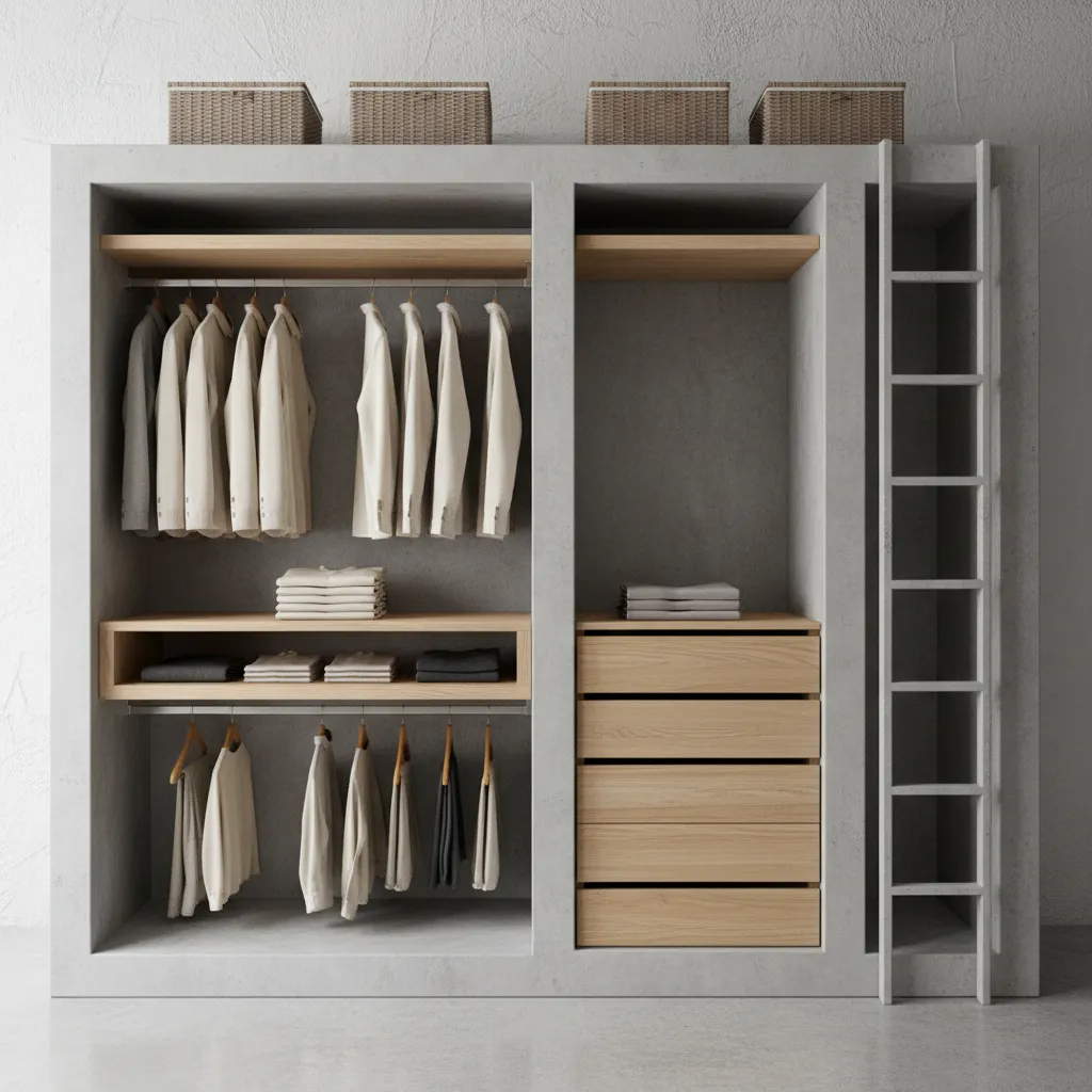Open cemented almirah showing internal shelves hanging space and loft storage