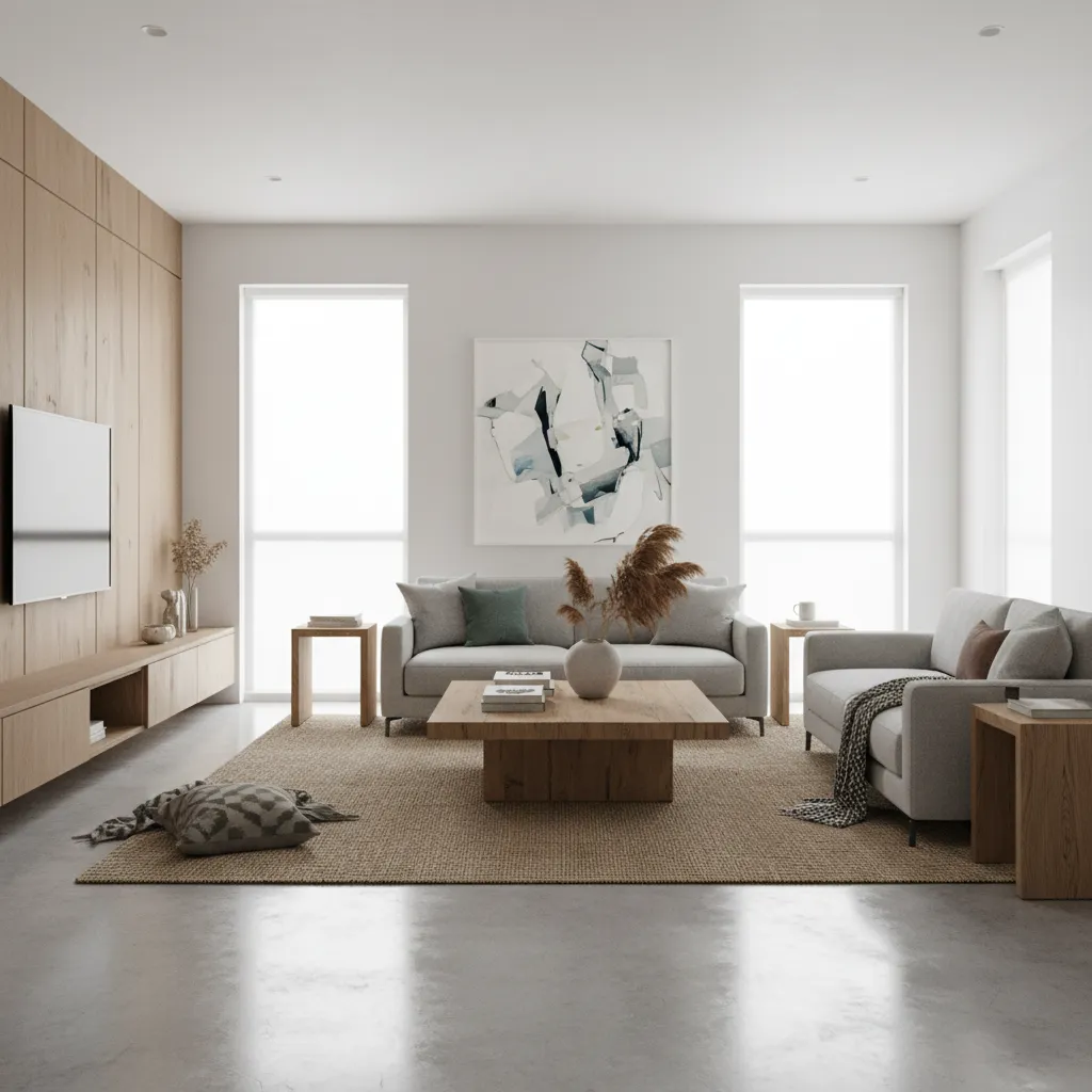 Salón moderno con piso continuo de cemento pulido
