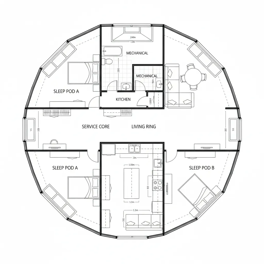 Top-down CAD plan with central wet core and sleeping pods at ends