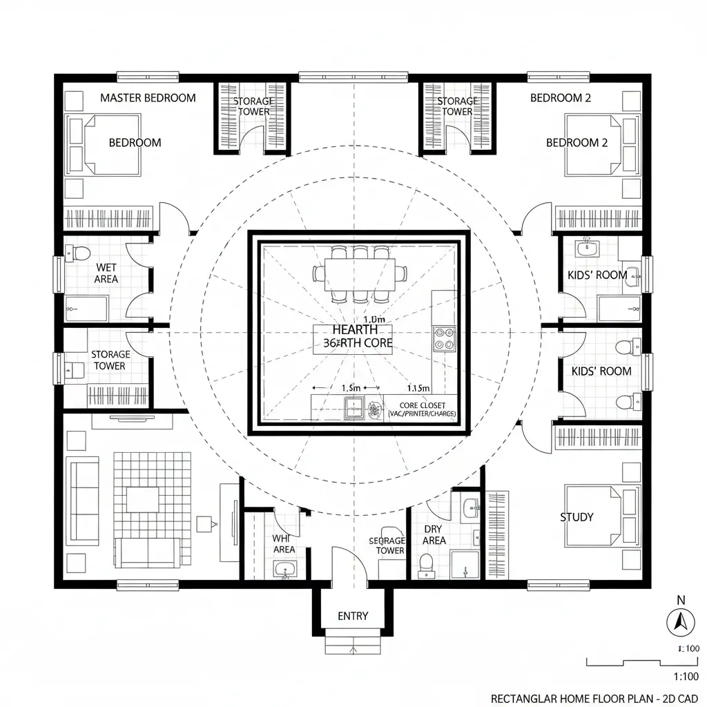 Center Hearth, Perimeter Rooms