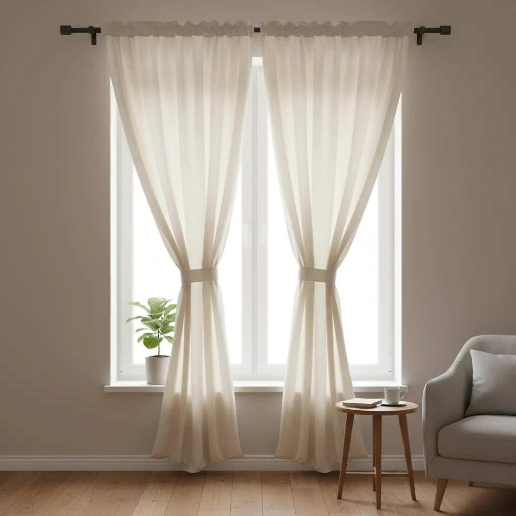curtains tied together in the center knot style covering part of the window