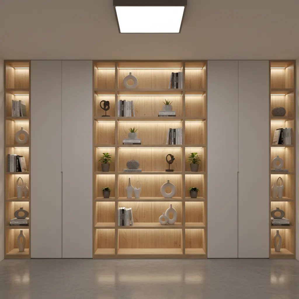 center niche wall almirah showcase design with wardrobes on both sides