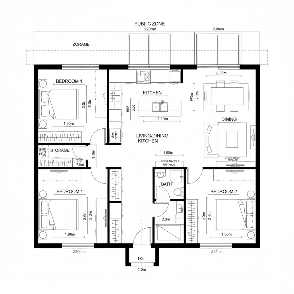 2D orthographic plan with central hallway and rear living-kitchen terminus