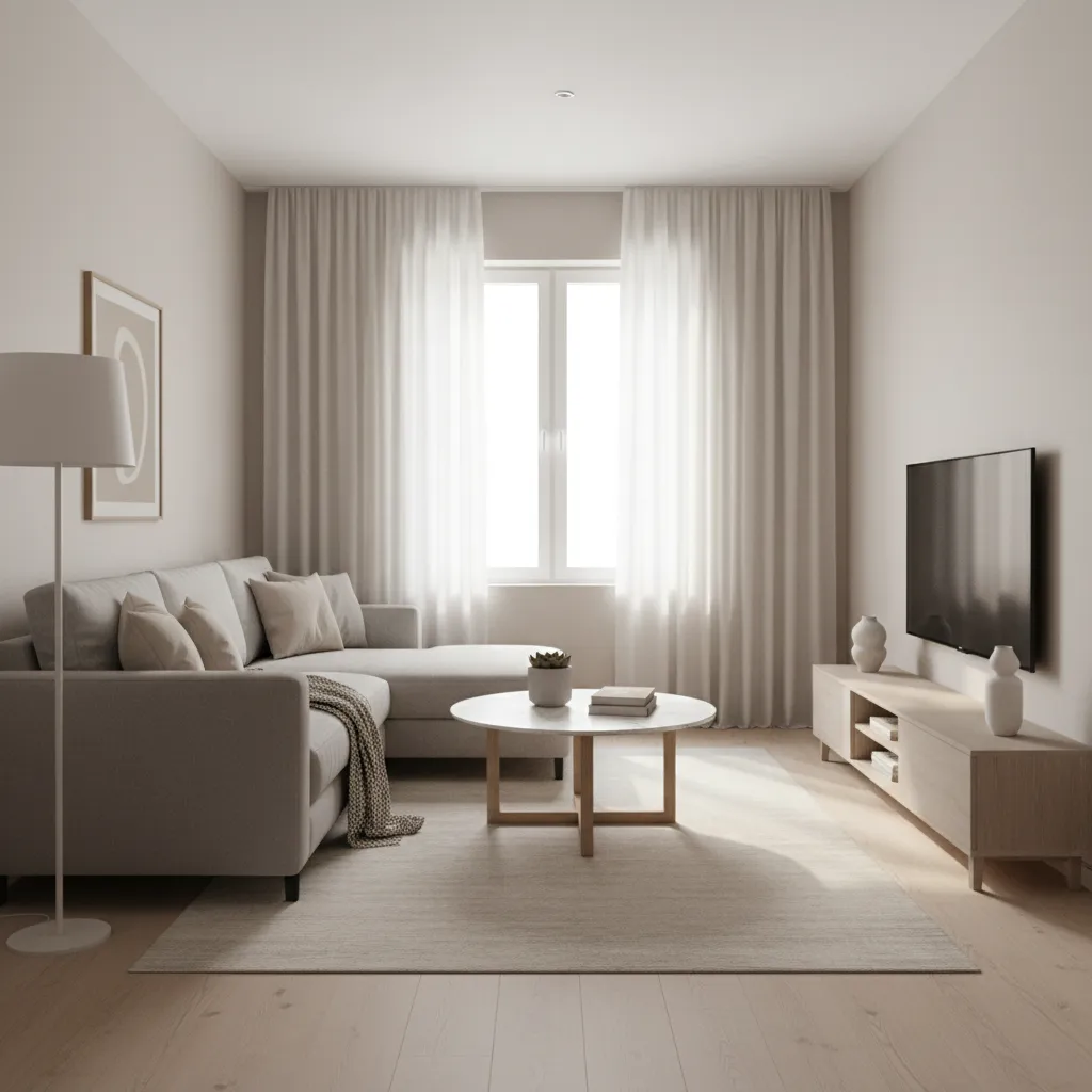 Modern living room with gray sofa, round white coffee table, wood floor and television cabinet