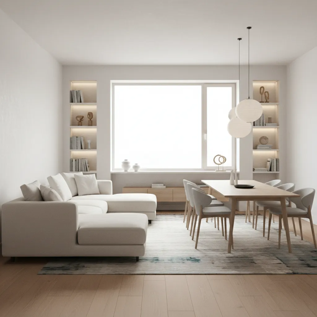 center zoned living room layout with floating sofa and dining table at end of room
