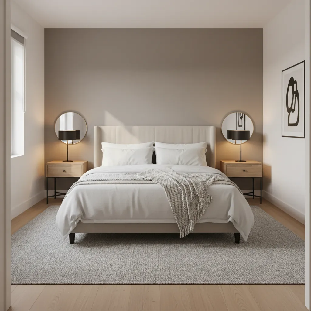 Queen bed centered on main wall in a 10x12 bedroom layout