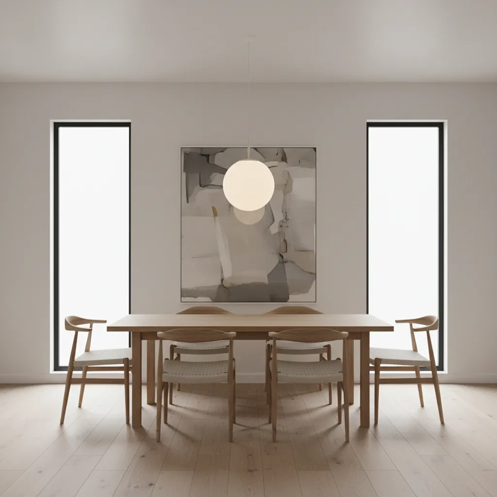 Dining room with pendant light centered above table demonstrating balanced lighting placement