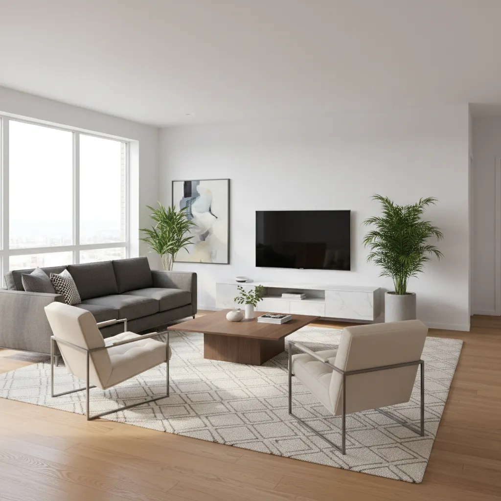Centered sofa layout in a 16 x 13 living room with chairs and coffee table