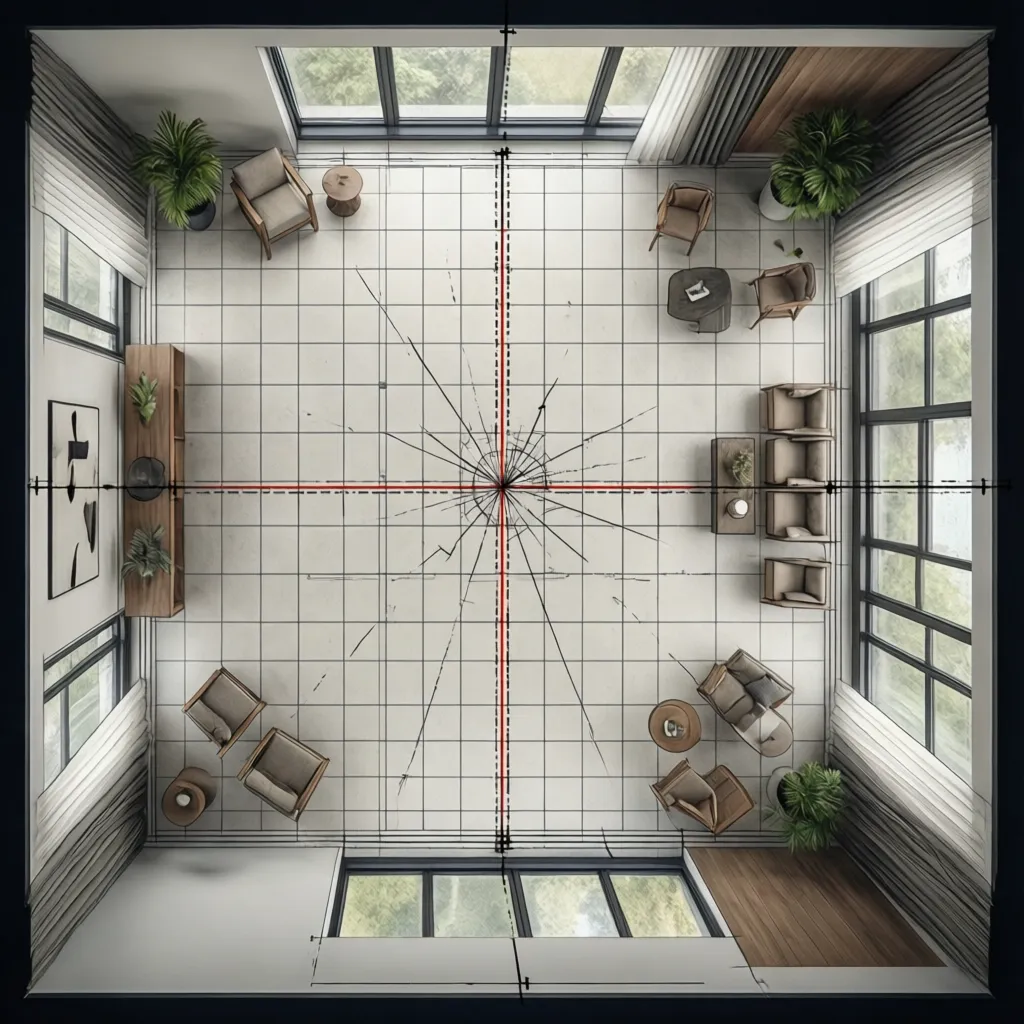 Centered tile layout axes across room floor plan