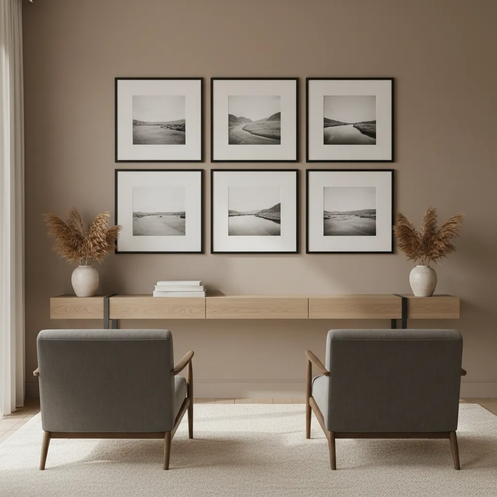 Photo frames arranged as a centered rectangle on a large wall