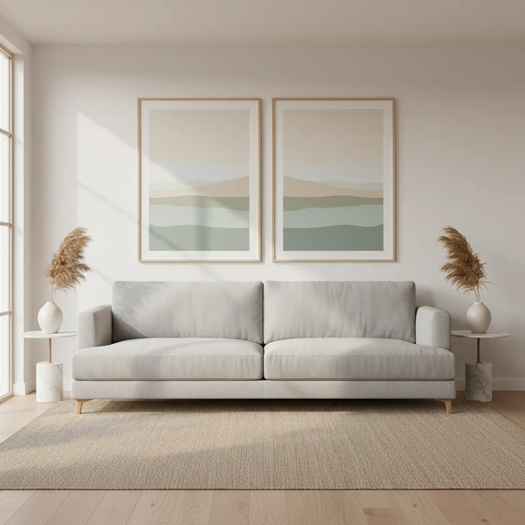 Two wall frames centered as a group above a sofa