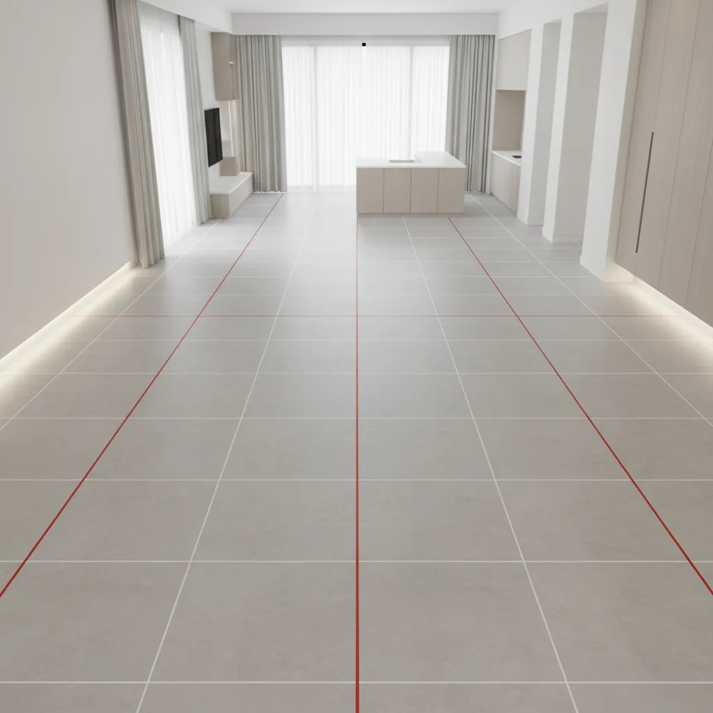 Room floor plan with centerline reference for large tile installation
