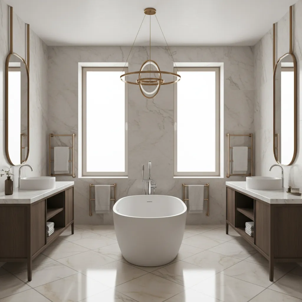 freestanding bathtub centered in luxury bathroom layout
