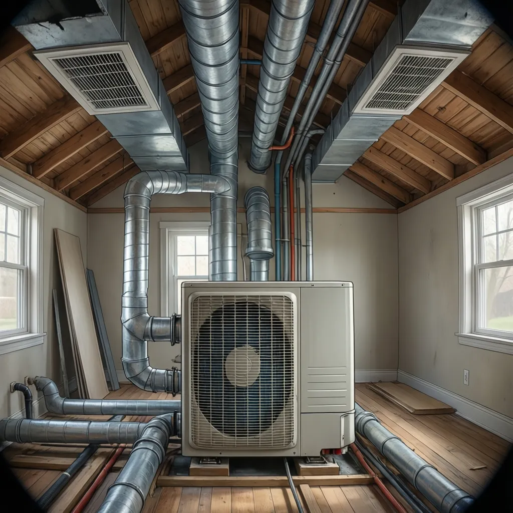 Central air ductwork and ceiling vent system inside a small house