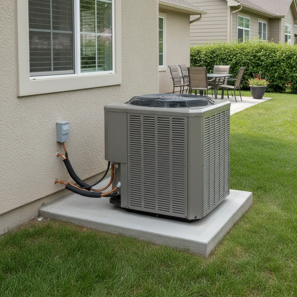 Outdoor central air condenser installed next to a residential home