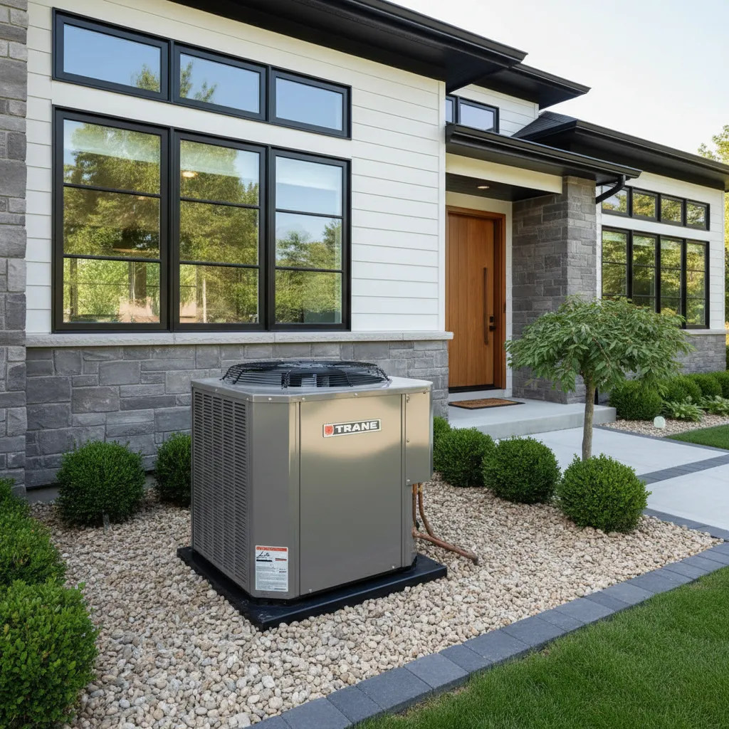 Outdoor central air conditioning condenser unit installed beside a modern suburban home